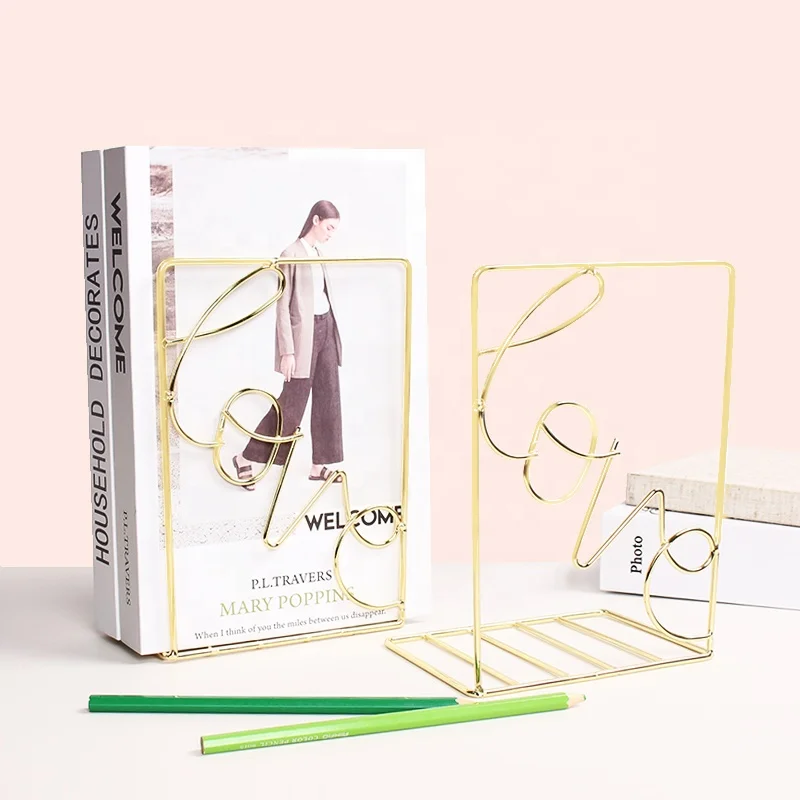 Metal Book Stand Home Decor Office Storage Fancy LOVE Shape Bookends  Iron Wire Table Book Holder Stand