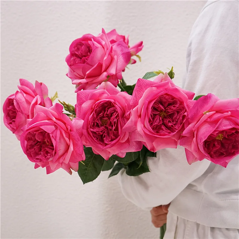 2024 New Juliet Real Touch Hot Pink Roses Artificial Cloth Roses for Christmas Flower Arrangement Decor Latex Rose Stems