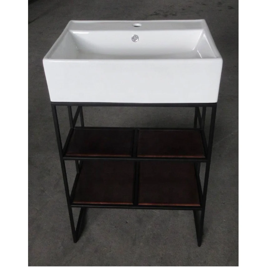 Steel and hampered copper apron bathroom vanity bases Carrara marble counter top  black round tubing washstand floating sink leg