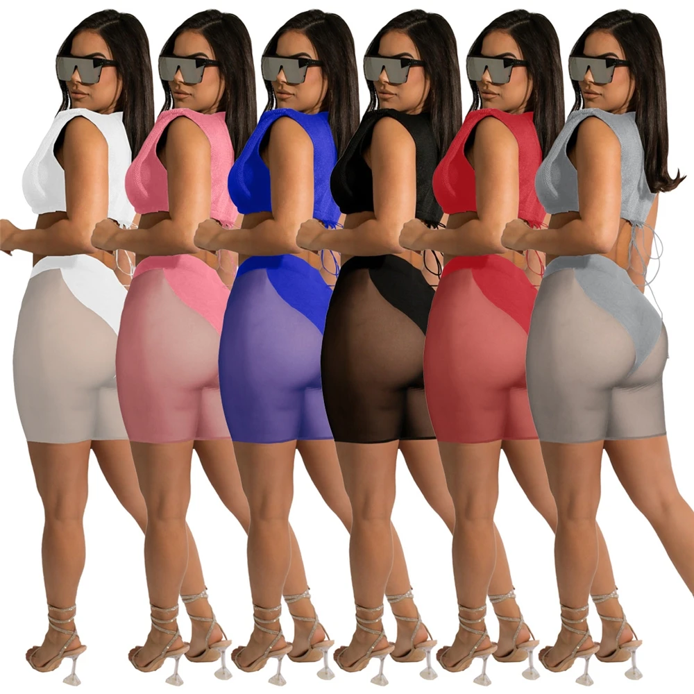 Women Summer Fashion 2022 Beach Wear Mesh Two Piece Short Set Crop Vest Top See Through Biker Shorts 2 Piece Pants Women Set
