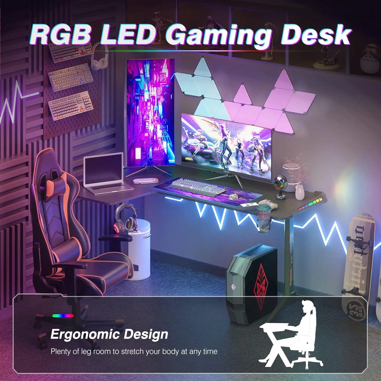 Corner L Shaped Gaming Desk Computer PC Workstation Writing Table with LED Light