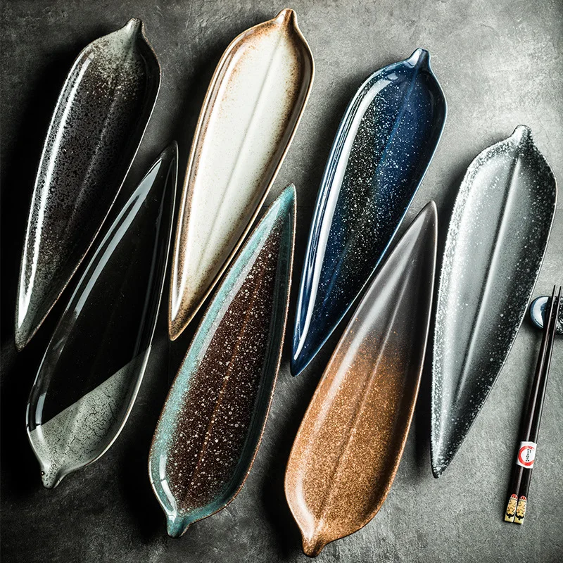 BAMBUS Japanese sushi plate 14 inch long bar snack plate leaf shape retro and creative tableware