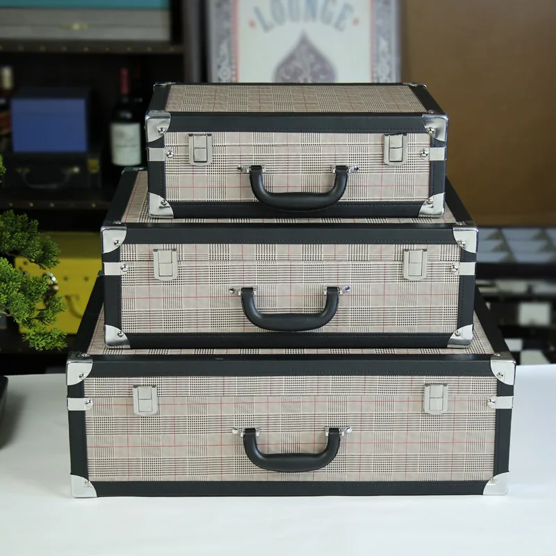 Decorative Wooden Storage Trunk Set of 3 Pu Suitcase Old-Fashioned Antique Luggage Box case with Handle