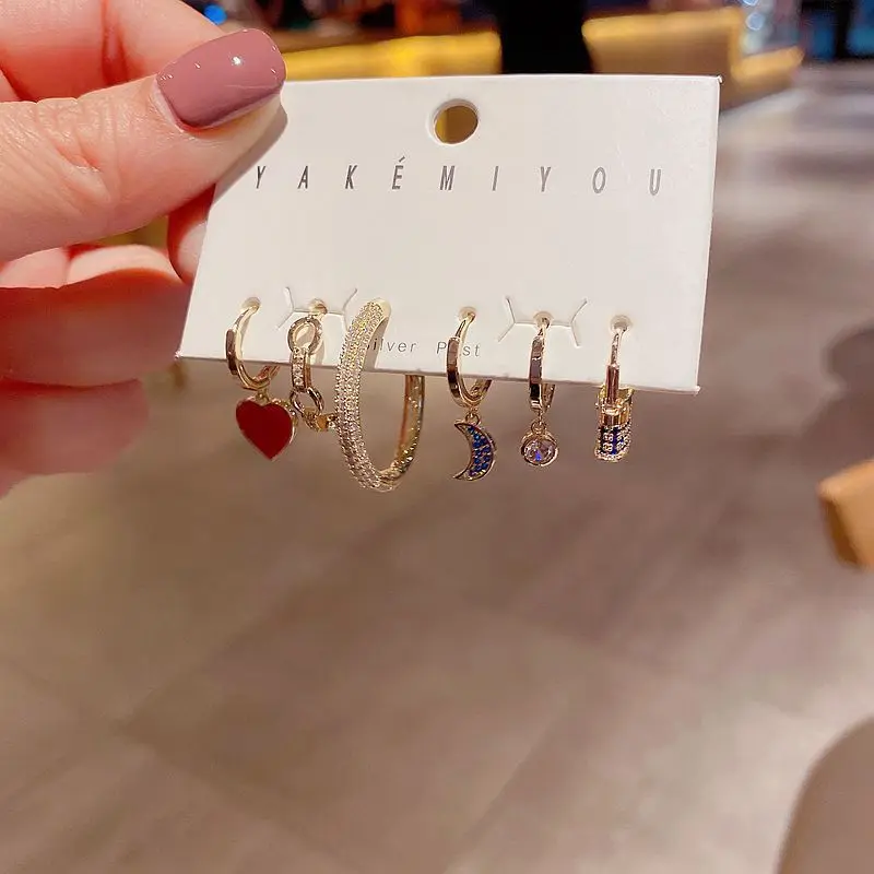 Korean earring set with Zircon Earrings and red heart blue diamond moon lock Earrings