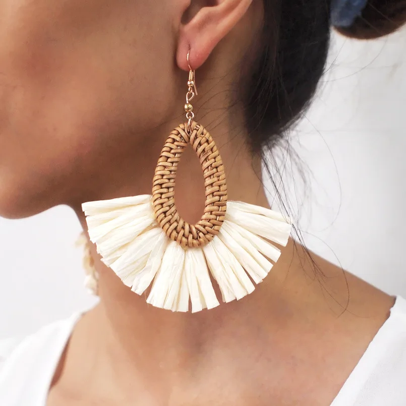 New Korea Bamboo Wooden Straw Weave Rattan Knit Vine Geometric Circle Triangle Long Drop Earrings For Women Girl Beach Jewelry
