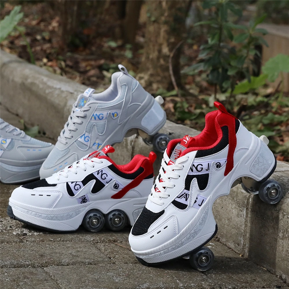 Newest Quad Wheels Deformation Retractable Rollers Double-row Kids 4 PU Wheel Skates Youth Deformed Kick Out Roller Skate Shoes