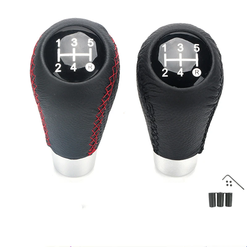 5 Speed Shift Handle Black Leather Red Line Real Leather Car Gear Shift Knob