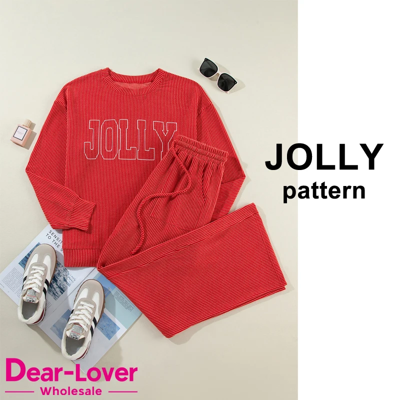 Dear-Lover Wholesale OEM ODM Corded Christmas Letter Graphic Knitted Casual Corded Long Sleeve Top And Pants Two Piece Set