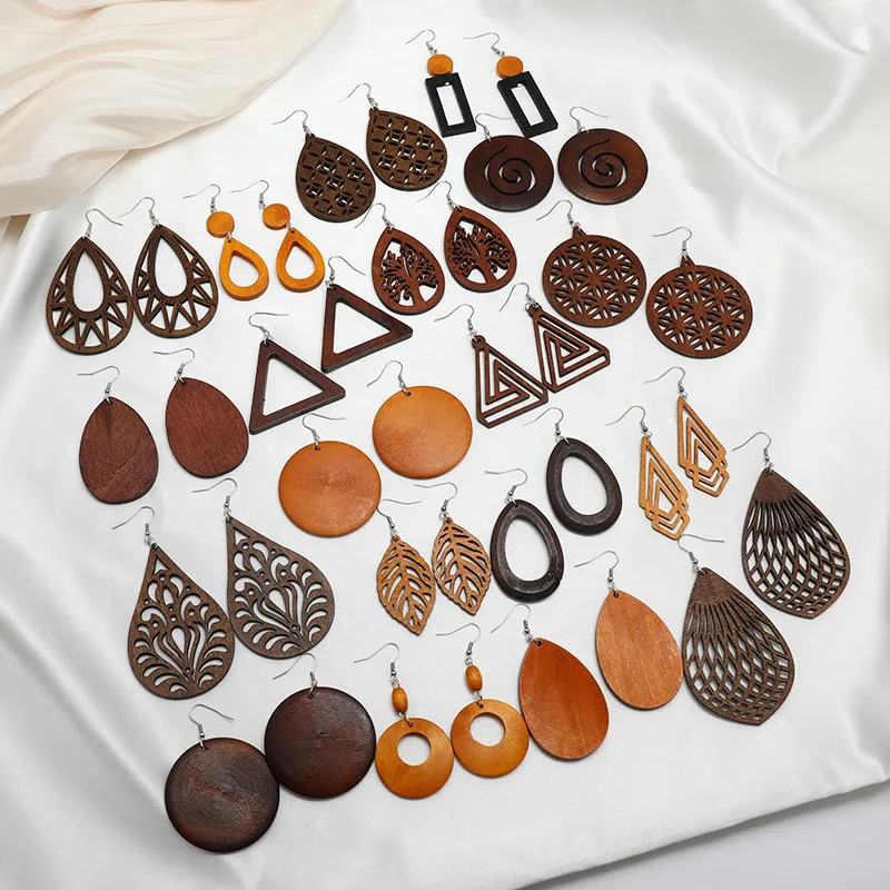 Drop Shape Hollow Tree Geometric Earrings Fashion Wooden Earrings Jewelry Wholesale Hot Sale Wooden for Women Zinc Alloy Resin /