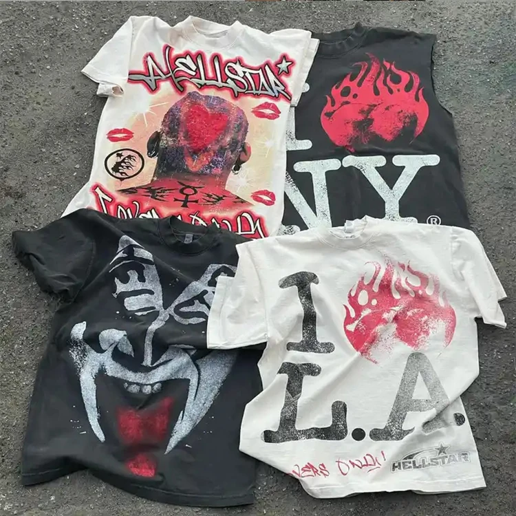 HL factory manufacturer streetwear vintage graphic printing t-shirts men wholesale custom heavyweight 100% cotton t shirt