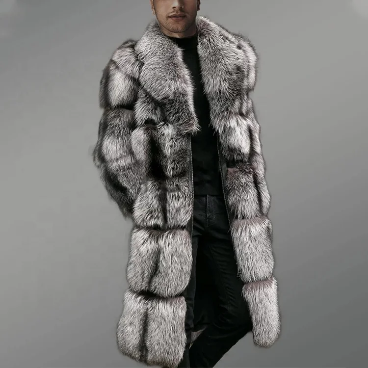 OEM  Winter Warm Custom Artificial Fleece Fur Jacket Thick Mens Faux Fur Long Block Pattern Silver Fox Fur Coat