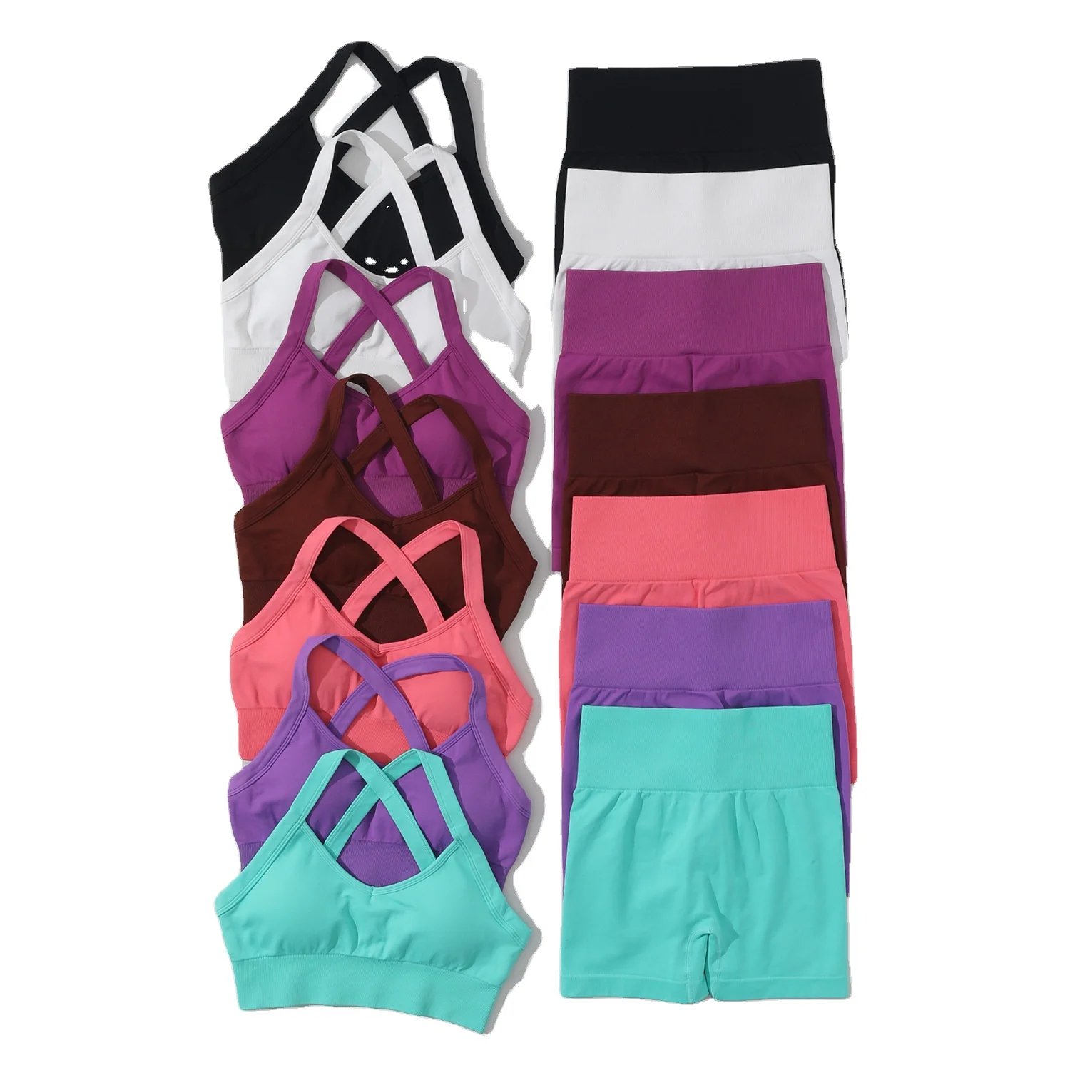 Custom Seamless Solid Color Sexy Wholesale Yoga Wear Workout Long Sleeves Short Sport Scruch Pant Leggings Fitnesswear Set Women