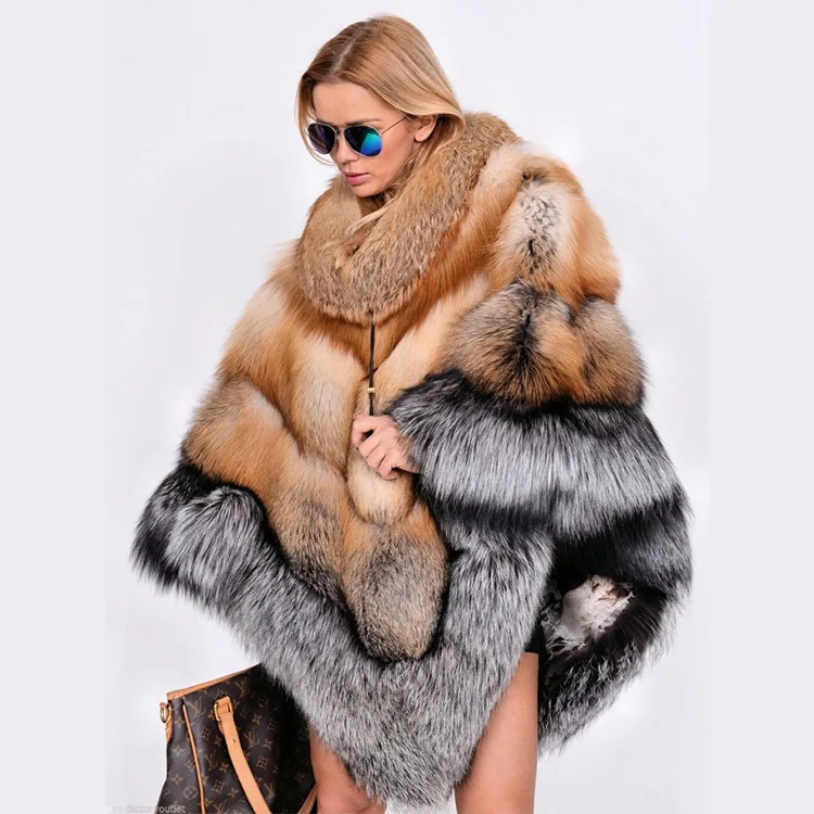 wholesale winter new color contrast european and american style medium long red fox silver fox fur cape