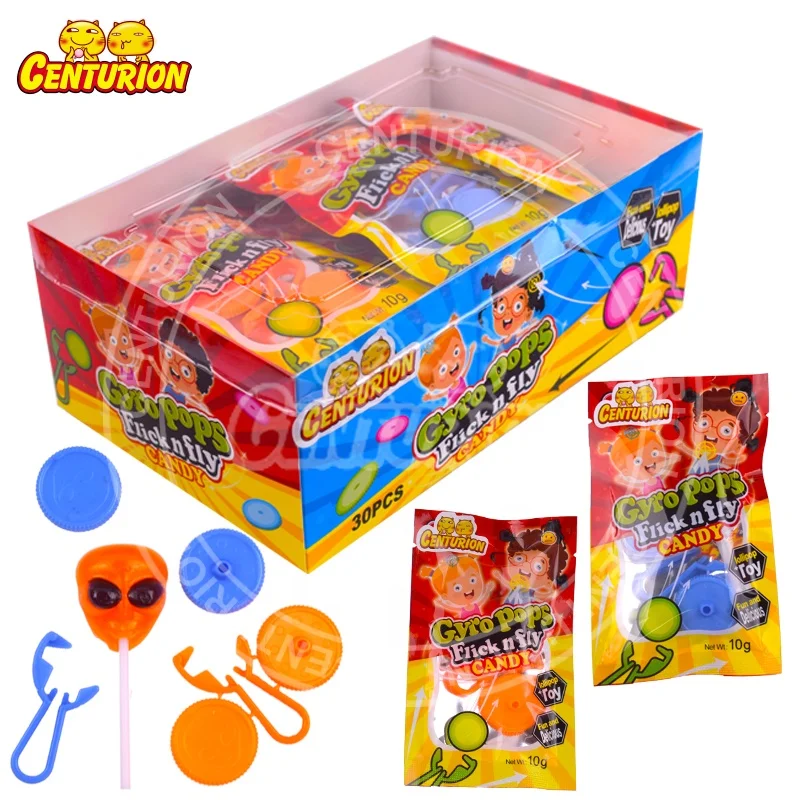 wholesale Halloween snack Alien fruit flavor halal lollipop hard candy with gyro fly toy for kids