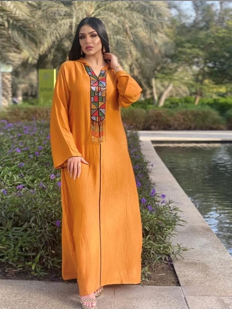 Ladies Modest Muslim Dress  Dubai Abaya Eid Kaftan Dresses Diamond Hijabs Maxi Dress Muslim Women