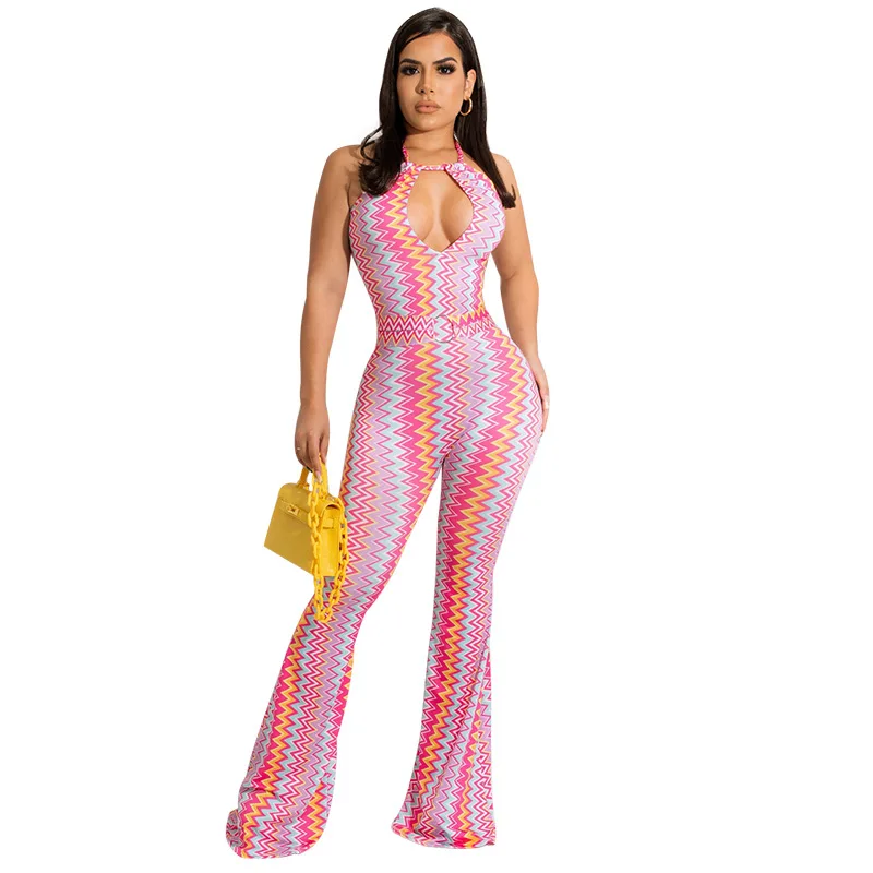 M7535 European and American  hot new hollow neck sexy tight wavy bell bottom printed  women jumpsuit