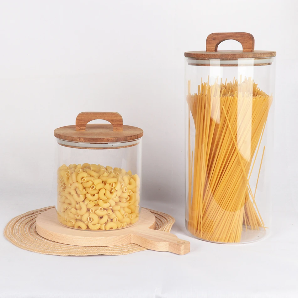 wholesale custom large clear food storage spice glass jar set kitchen airtight glass canister with bamboo wooden lid for kitchen