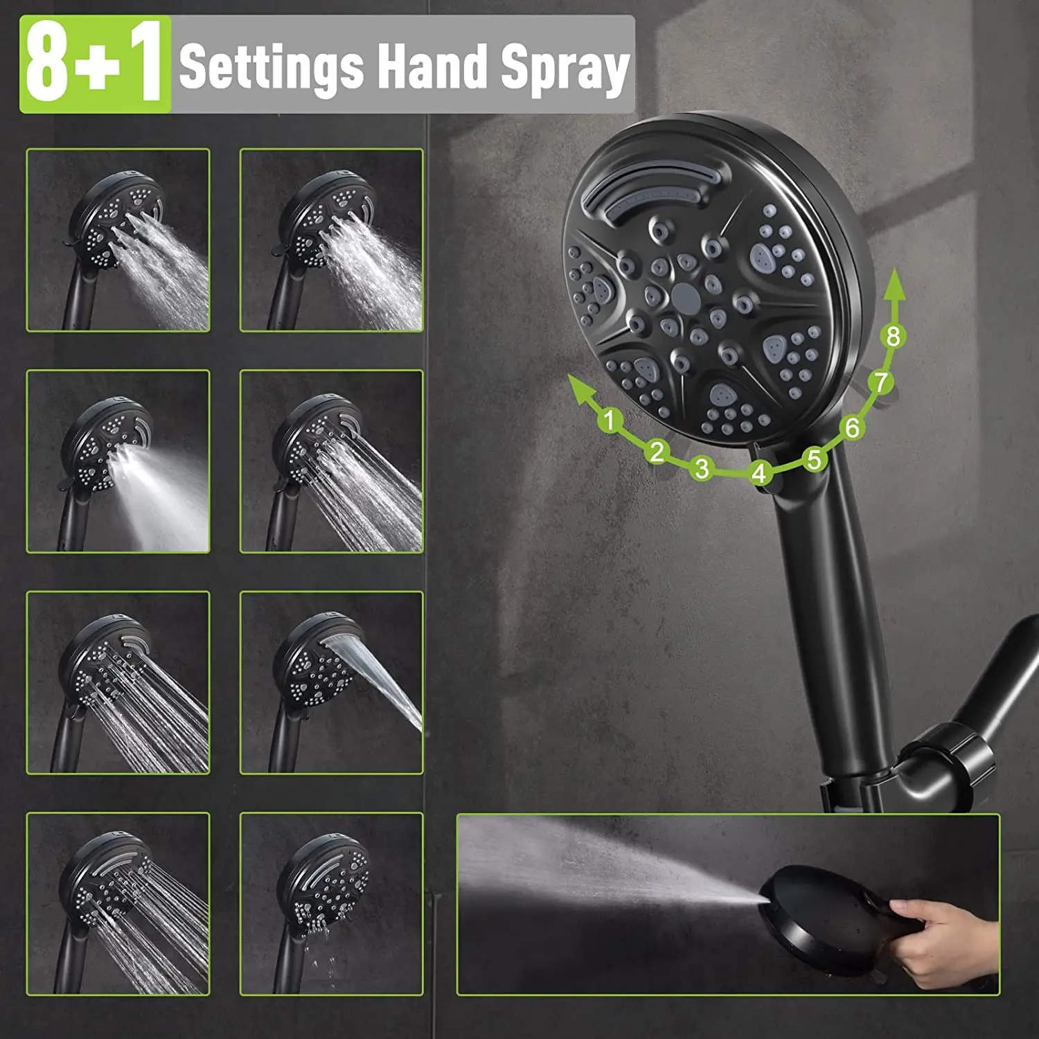 9 Spray Hand Shower with Automatic Power Jet Wash Modes High Pressure 9 Function Settings Black Handheld Shower Heads