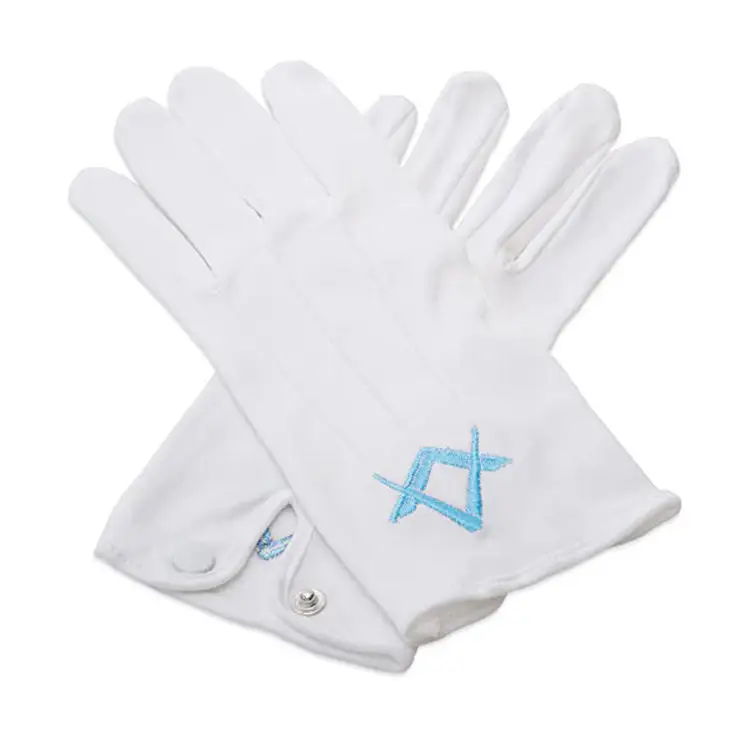 Men Blue Square Compass Stretch Masonic Freemasons 220 240G/Sqm Thick Cotton Three Ribs Popper Snap Embroidered White Gloves