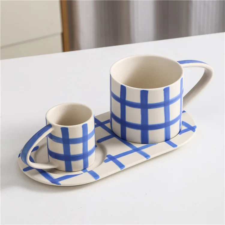 Unique handle hand painted plaid pattern nordic rustic stoneware tea cup sets handmade drinkware milk coffee ceramic mug
