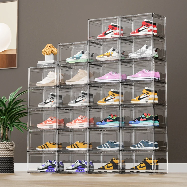 Clear magnetic drop front open stackable transparent PET folding sneaker shoe storage box