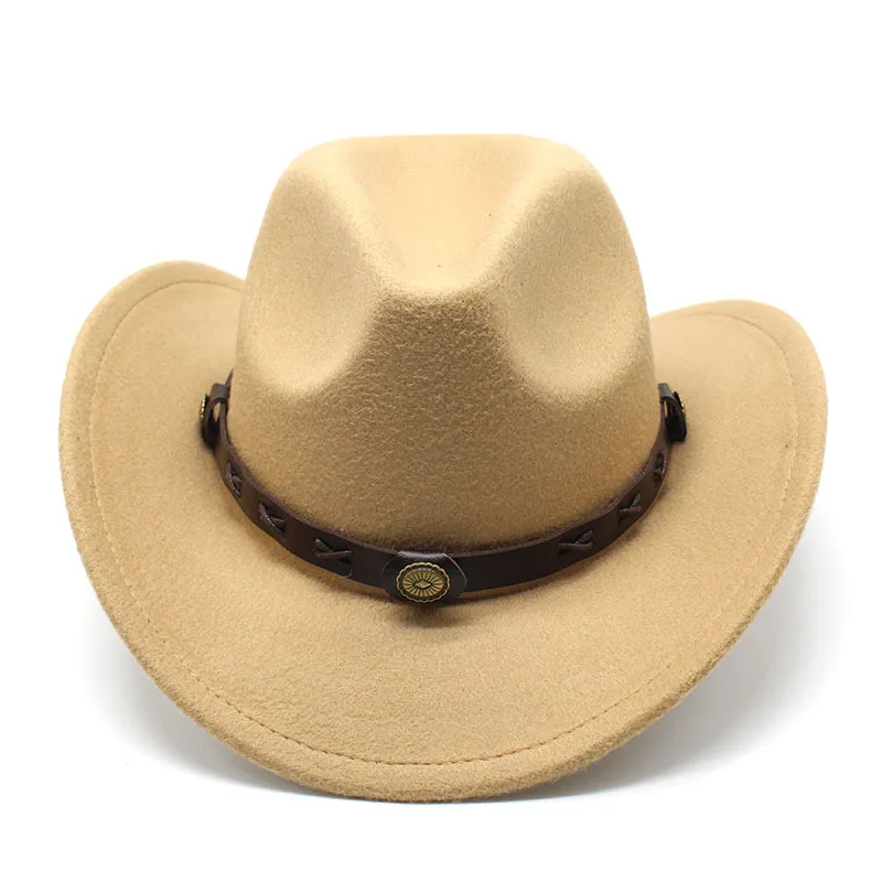 Men wool felt cowboy hat roll up brim fedora hat with PU ribbon