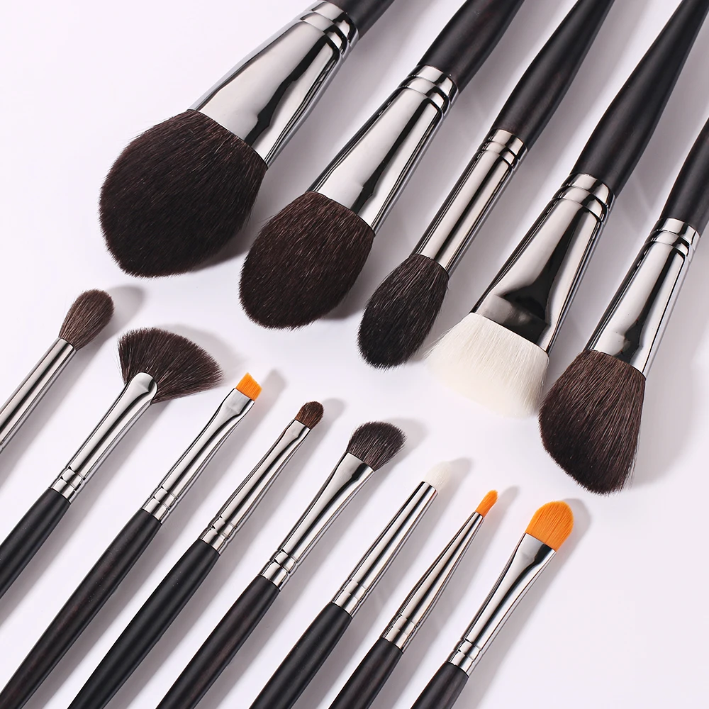  BEILI Natural Black color wood handle makeup brush set 13pc Powder Foundation Goat Pony Synthetic hair private