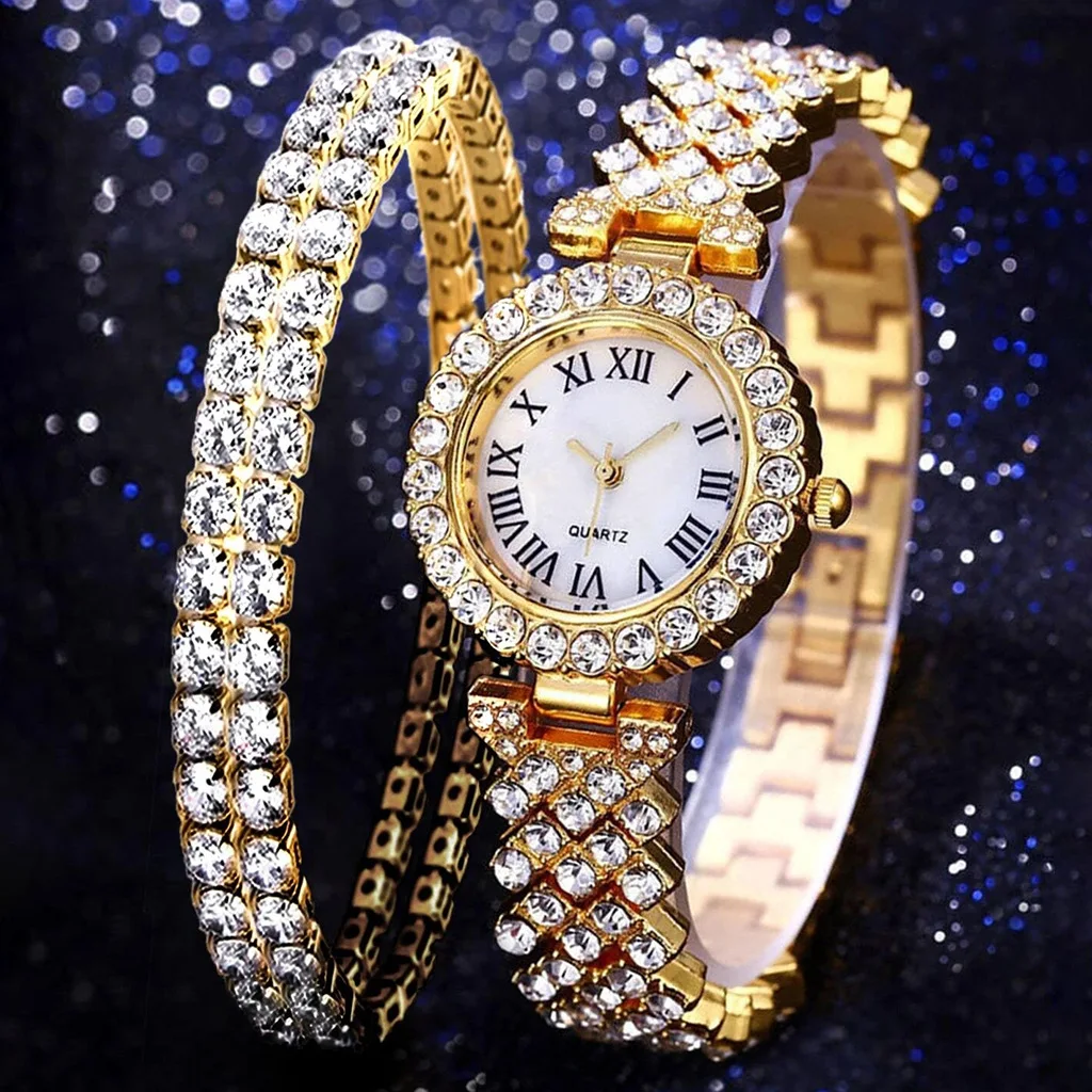 Luxury Watches Bracelet Women Diamond Rhinestone Fashion Elegant Wristwatch Quartz Watch Jewelry Set For Girl Relogio Feminino