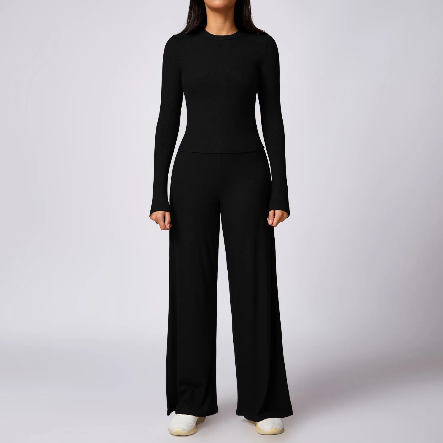 Wholesale Ribbed Sport Sets Loose Casual Pants Slim Long Sleeve T Shirts Sets Gym Clothing For Women Sports Sets