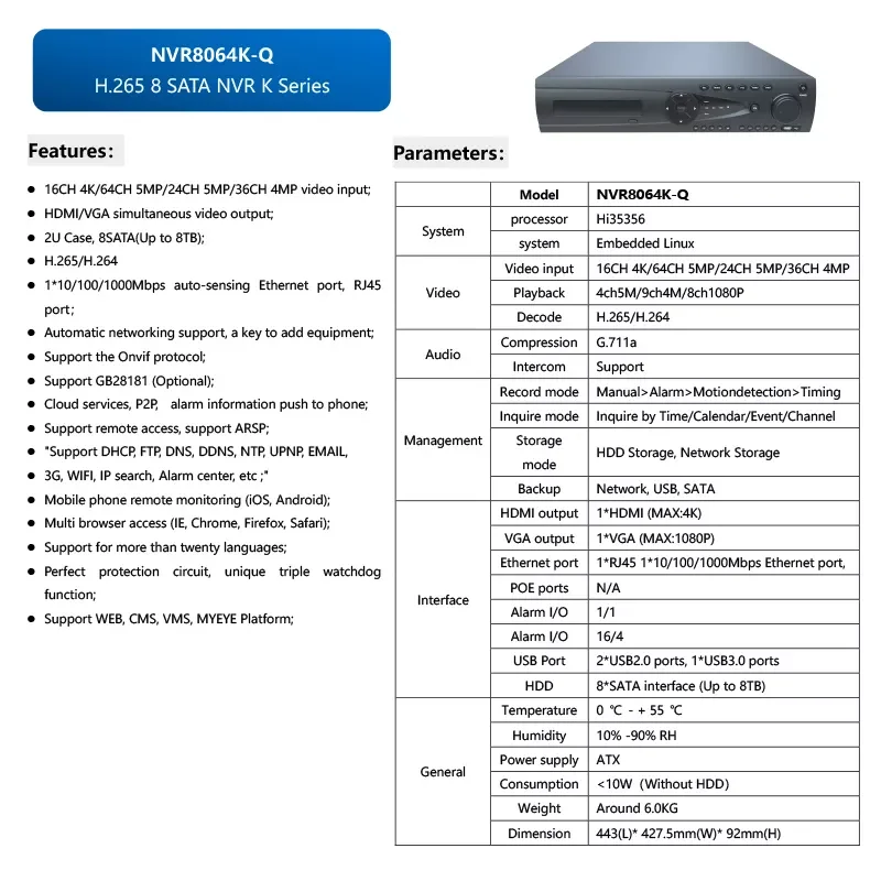64CH IP NVR Video Surveillance Camera Nvr 4K H.265 Cctv Camera Network Video Recorder