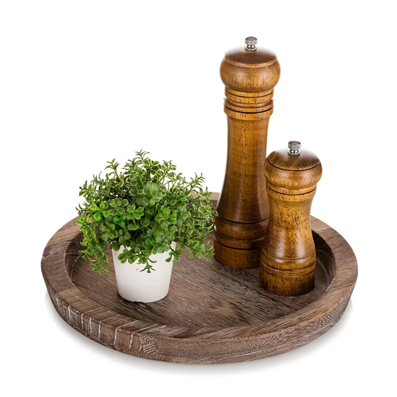 Rustic Wooden Serving Tray Round Wood Butler Decorative Tray Vintage Centerpiece Candle Holder Farmhouse Ottoman Tray