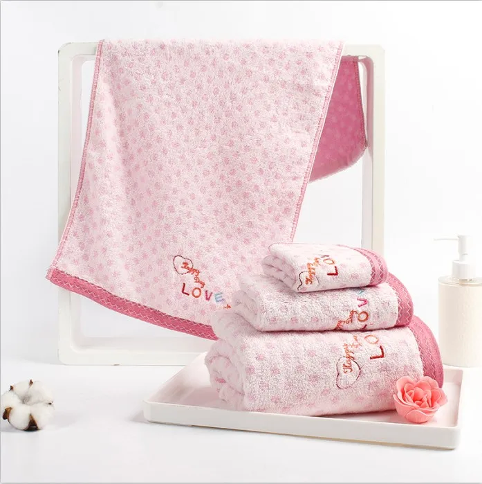 
Home use 100% cotton polka dot towel 3pcs as 1set with Embroidered LOVE Pattern towel sets 100 cotton luxury soft towel 
