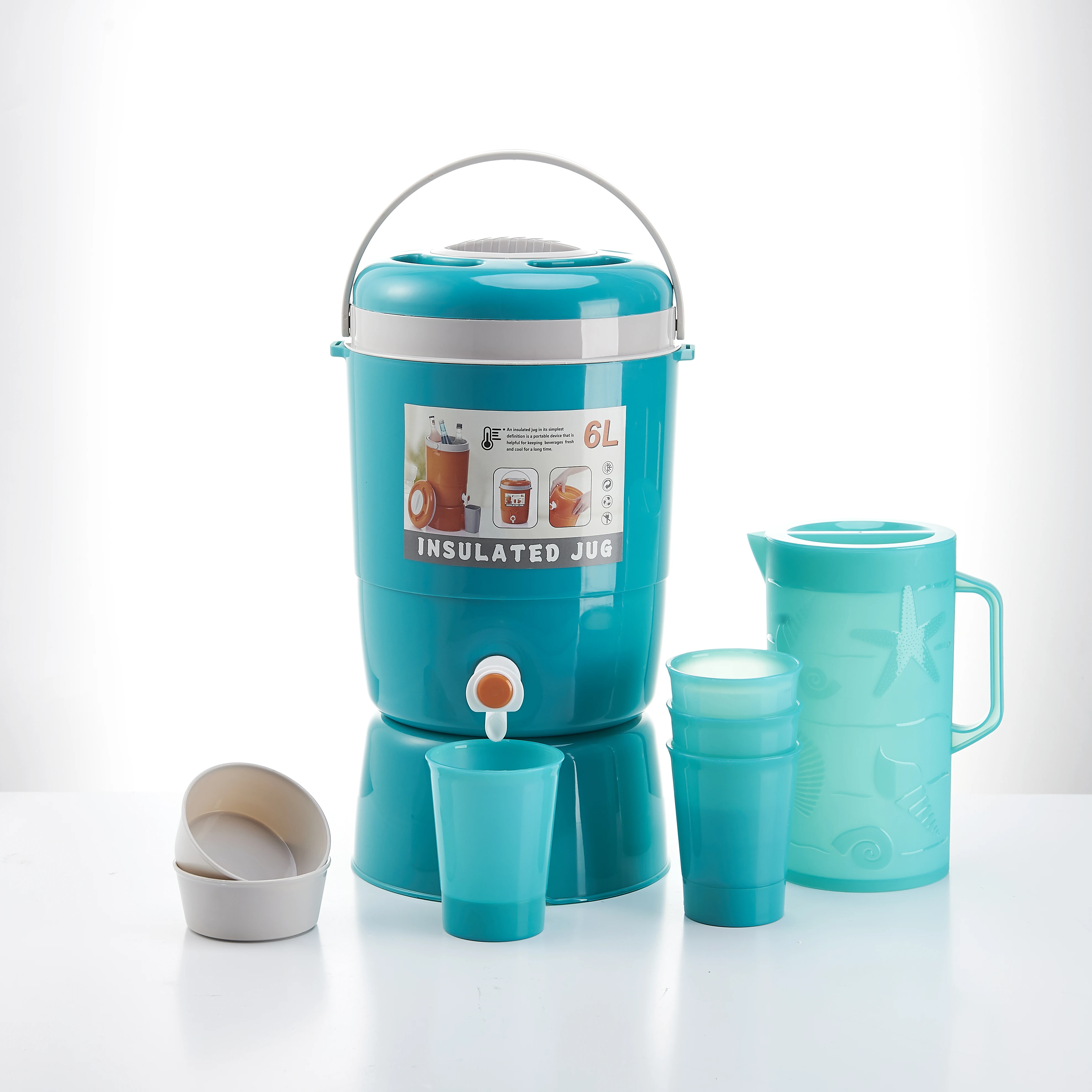 Wholesale  Insulation Tea Coffee Bucket Double Wall plastic  6L+2.1L+0.4L*4 Thermos Water Jug Faucet Milk Tea Barrel