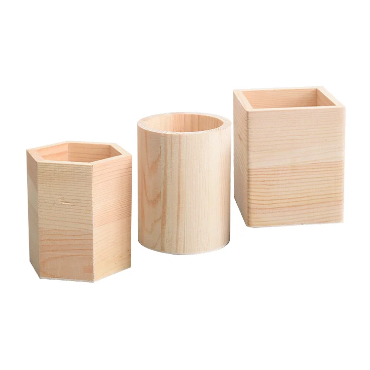 unfinished round desktop office organizer pot rustic wooden pen holder