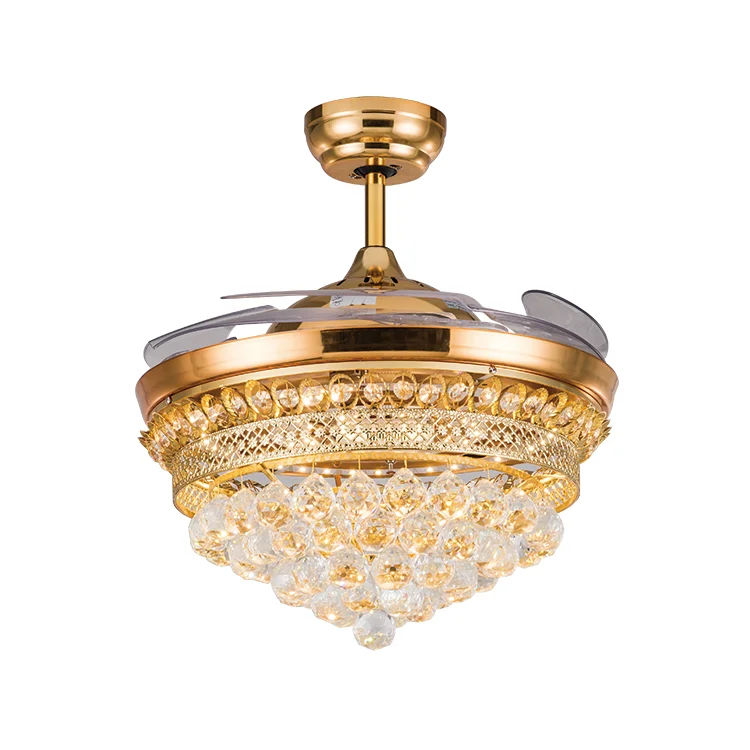 Competitive Price Wholesale Luxury Golden Crystal Ceiling Fan with 42 inch Folding Acrylic Blades