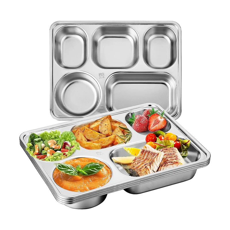 4/5 compartment Rectangular Divided Plates Tray 304 Stainless Steel Food Tray Dinner Plate for Kids, Adults
