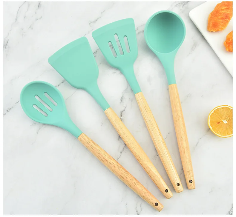 12Pcs Silicone Cooking Kitchen Utensils Set With Holder Wooden Handles Cooking Silicone Kitchen Utensil Set Spatula