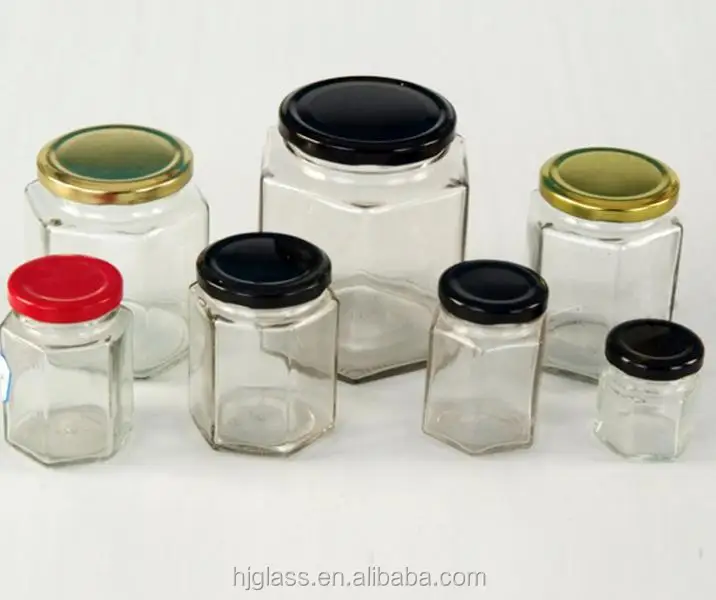 wholesale 250ml bee honey bottle 8.5oz hexagonal shaped glass honey jar with gold lid