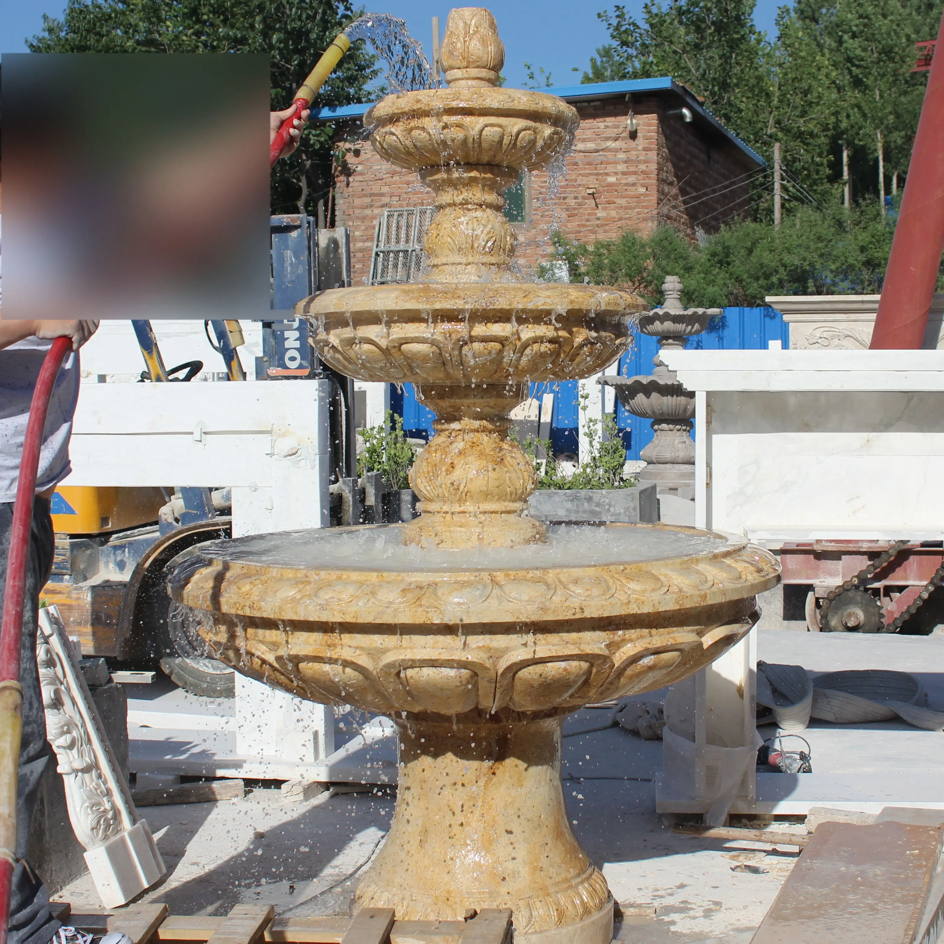 Factory customized handmade exquisite carving modern style outdoor garden decoration luxurious yellow marble antique fountain