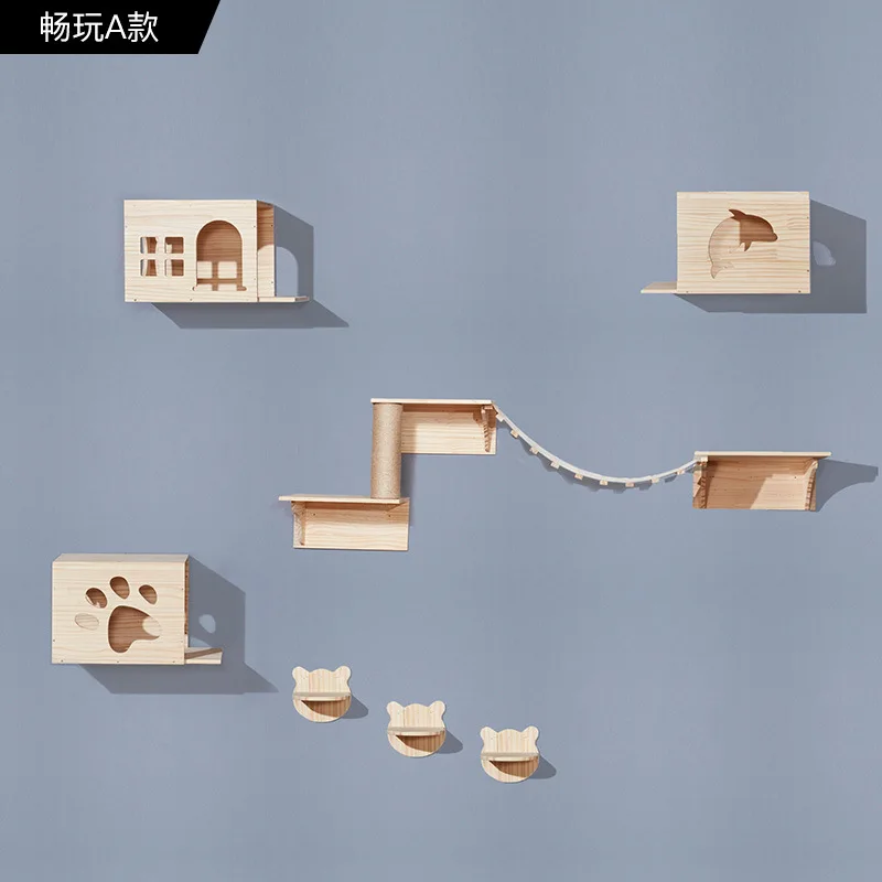 Solid Wood Cat Nest Tree Toy Cat Wall Type Springboard Column Grabbing Board Wooden Wall Mounted Cat Tree