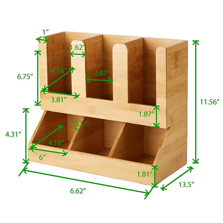 6 Compartments wooden table caddy condiment Bamboo Upright Coffee Breakroom Condiment and Cup Storage Organizer