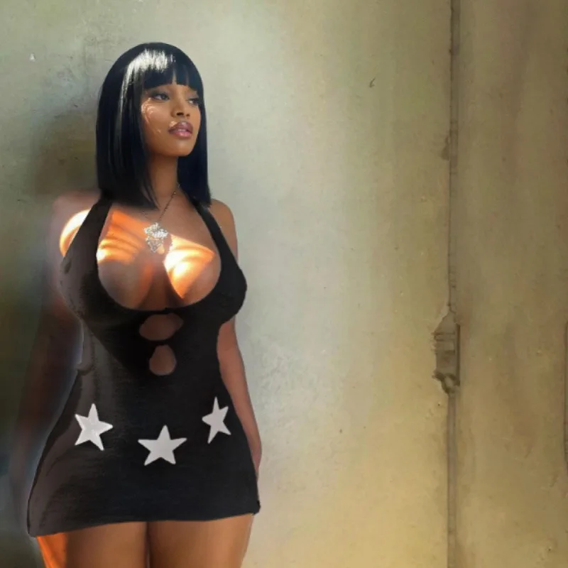 QuiteS 2024 New Star Printed Hollow Out Hanging Neck Sexy Knitted Dress For Women Bodycon Mini Short Casual Mini Dresses