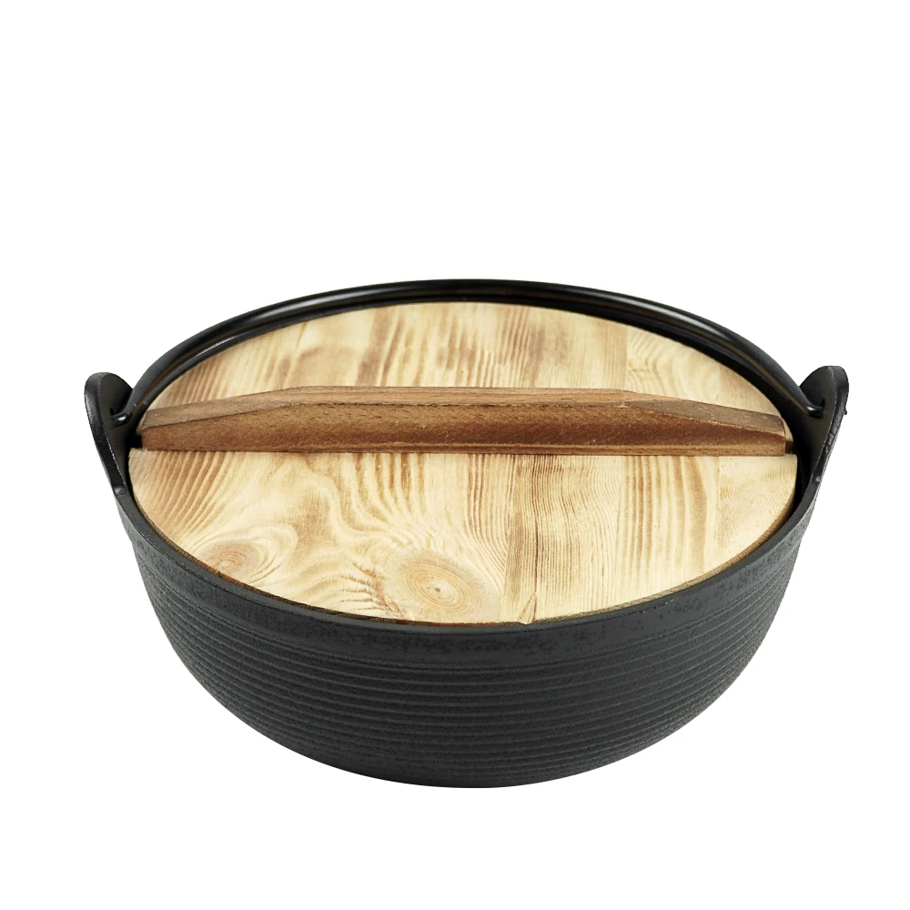 Pre-Seasoned Cast Iron Soup Pot Stew Pot Japanese Sukiyaki Pot with Wood Cover