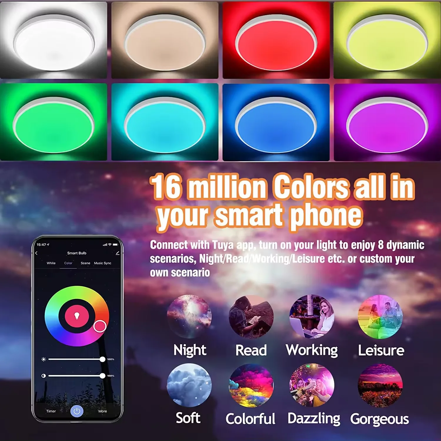 BQLED Smart Ceiling Light Fixture 12inch 24W Ultra Thin Dimming RGB Panel Ceiling Light Cell Lamp For Office Indoor Bedroom