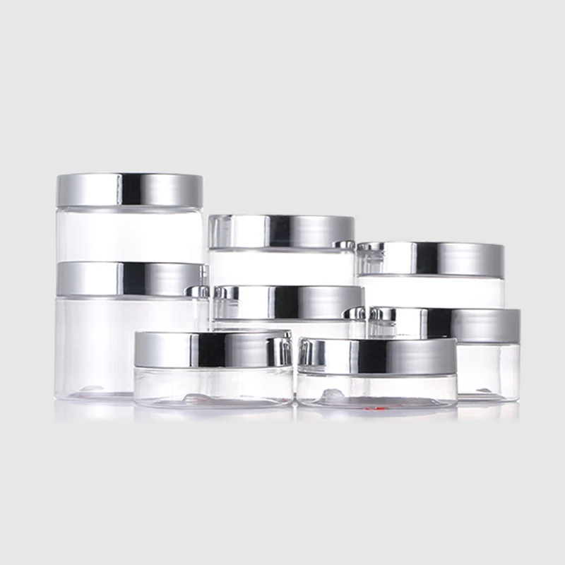 plastic cosmetic packaging 50ml 150ml 250ml 350ml 500ml clear pet cream jar with sliver lid for face body cream
