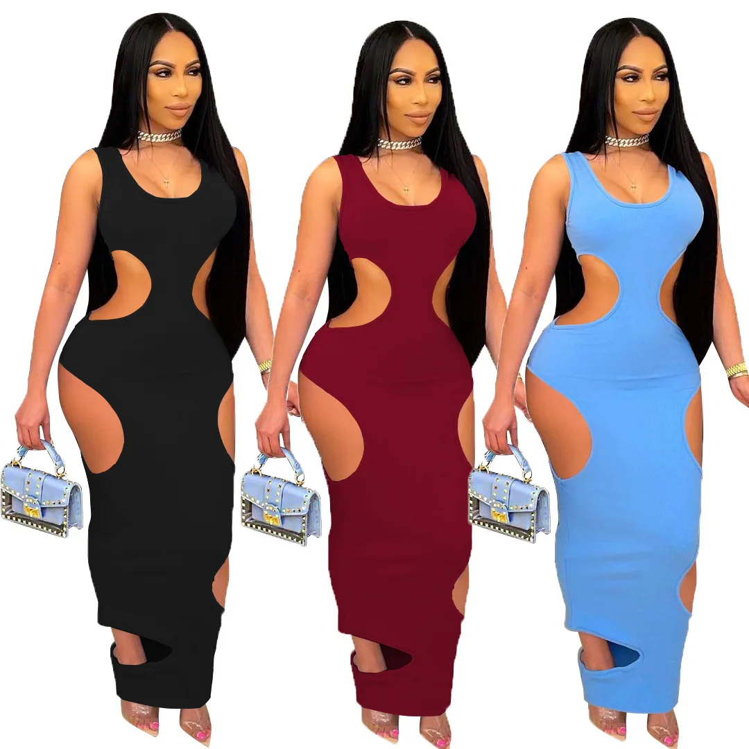 
2021 Custom Elbise Solid Color Sleeveless Bodycon Cut Out Summer Sun Dresses Women Casual 