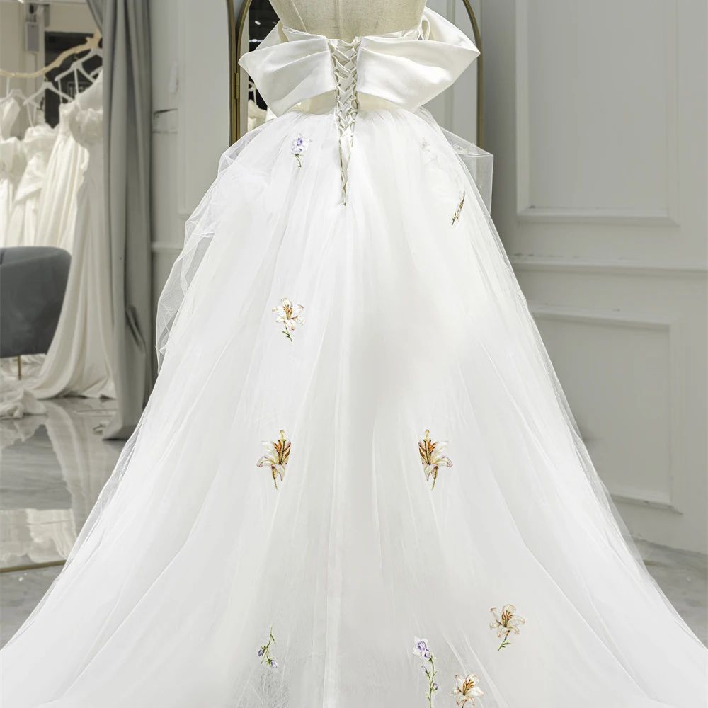 Lily Embroidery Tulle Satin Pleated Off Shoulder Wedding Bride Gown Gowns for Bride RL300-2