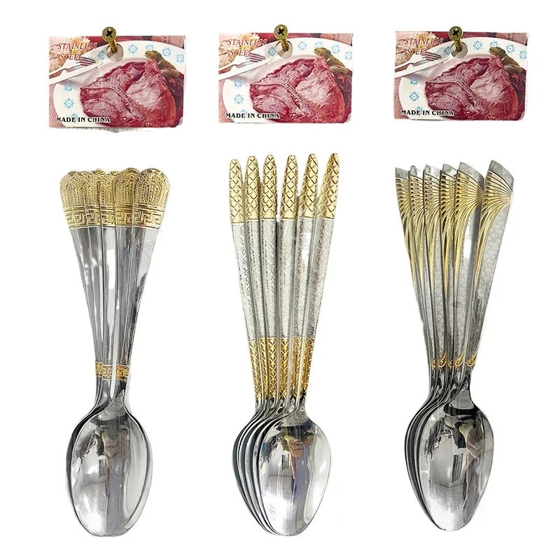 Luxury Golden Plated Embossed Handle 6pcs Plated Spoon Fork and Knife Set Middle East FlatwareStainless Steel Cutlery Set