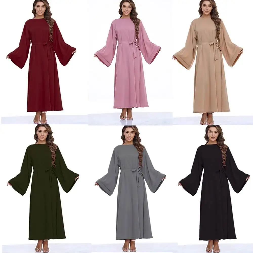 Eid Abaya Dubai Turkey Modest Kaftan Islamic Muslim Clothing Solid Islamic Long Wearing Belt Nida Dress Women Dubai Abaya