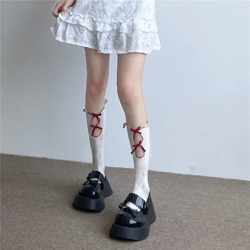 Japanese College Style Bow Knot Floral Pattern Medium Length Socks